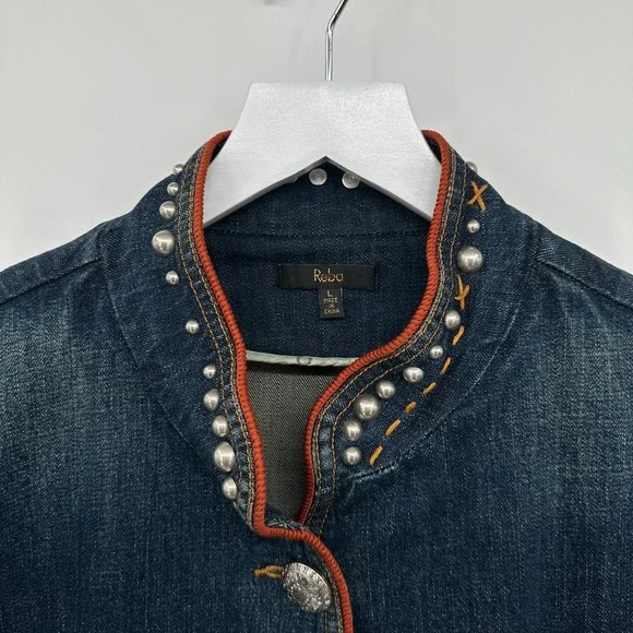 Reba Denim Jacket Size Large Studded Embroidered Stretch Western Rodeo Cowgirl - Picture 5 of 15